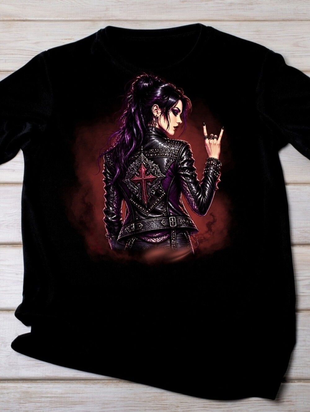 Luxury Custom Gothic Rock Girl Cross Leather Jacket Graphic Tee